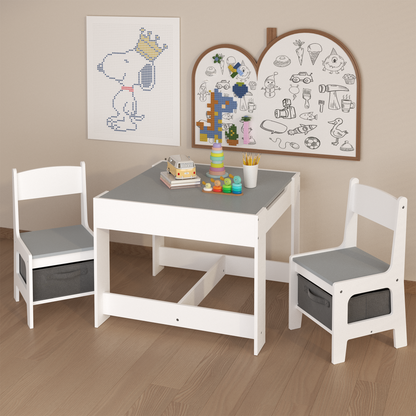 Kids Table and Chair Set, 3-in-1 Wooden Activity Table with Storage Drawer for Toddlers Drawing, Reading, Crafts, 2-in-1 Detachable Top in White+Gray MDF