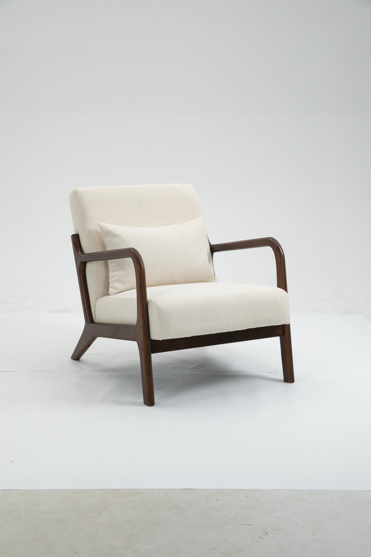 Mid Century Modern Accent Chair with Wood Frame, Upholstered Living Room Chairs with Waist Cushion, Reading Armchair for Bedroom Sunroom – Antique White