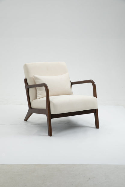 Mid Century Modern Accent Chair with Wood Frame, Upholstered Living Room Chairs with Waist Cushion, Reading Armchair for Bedroom Sunroom – Antique White