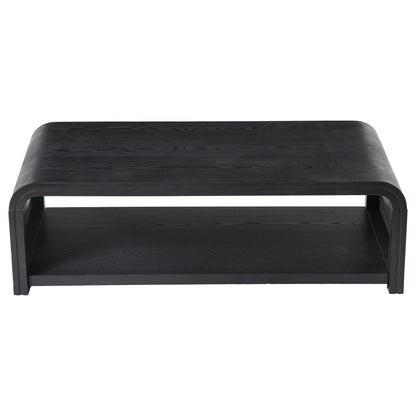 Curved Rectangular Coffee Table with Rattan Sides, 2-Tier Storage Wooden Center Table,Boho Farmhouse Low Tea Table,suitable for Living Room,Apartment, Home Decor,Black