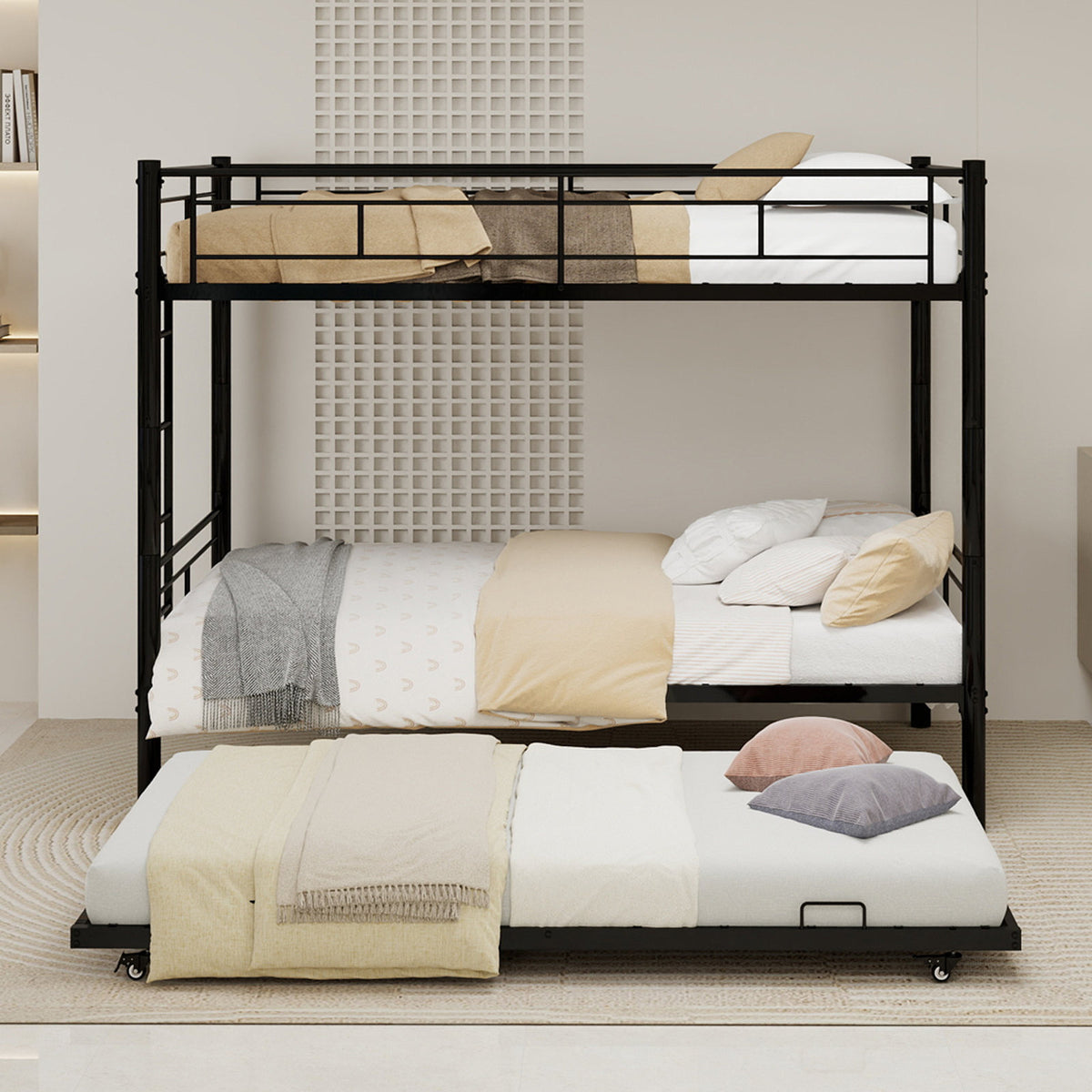 Heavy-duty Sturdy Metal Twin over Twin Bunk Bed with Noise Reduction, Safety Guardrail, No Box Spring Needed, Black