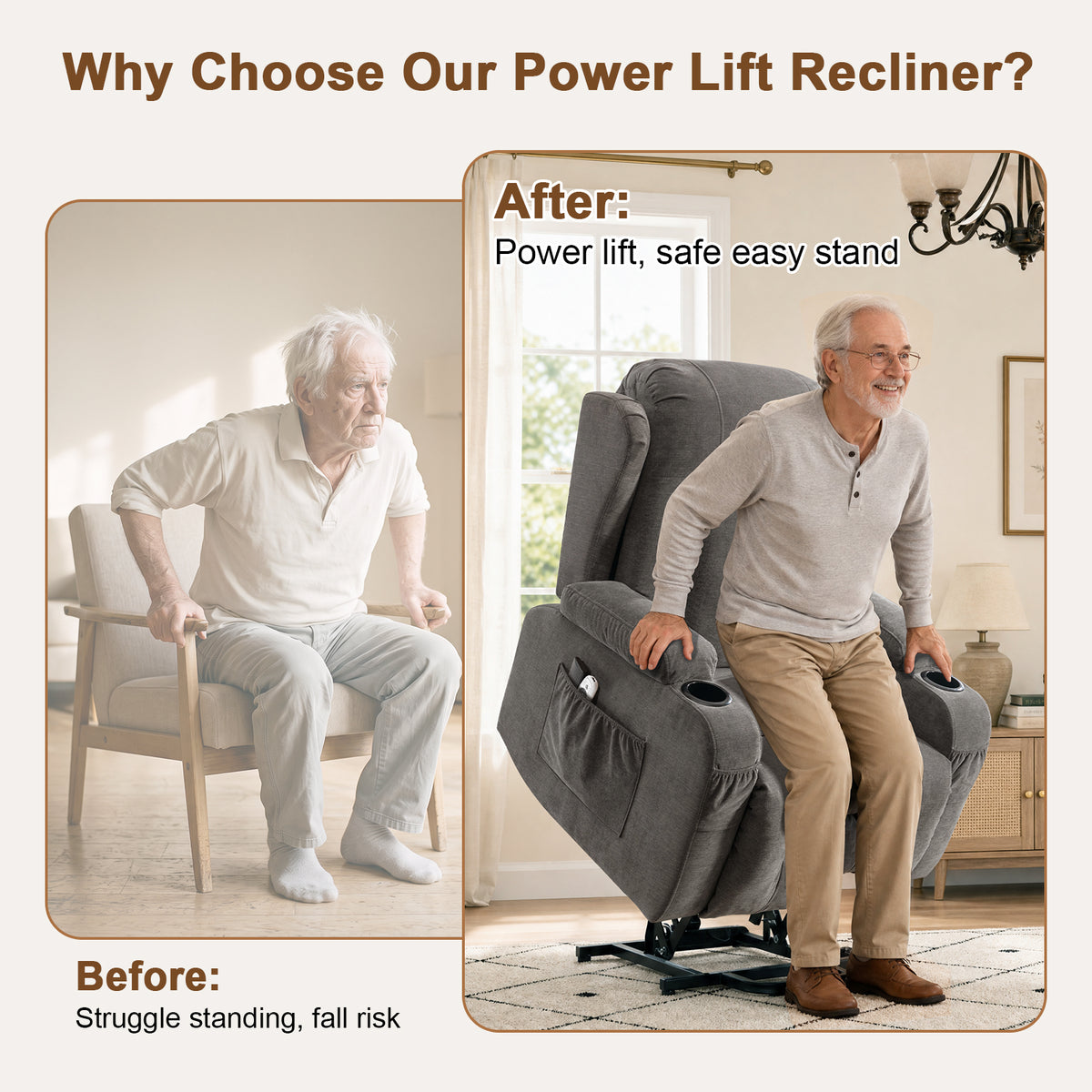 Power Lift Recliner Chair for Elderly with Massage and Heat 8-Point Massage, Lumbar Heat, Electric Lift Assistance, USB Charging Port, Dual Cup Holders, Side Pockets