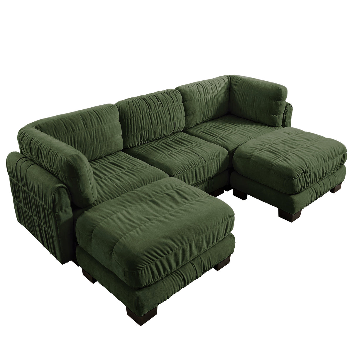 3 Seat Ruched Detailing Chenille Modular Sectional Sofa,Movable 2 Ottomans,High-Density Foam,L Shape Thickened  Back Cushions,Easy Assembly,For Living Room,Bedroom,Green
