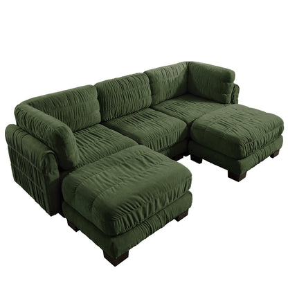 3 Seat Ruched Detailing Chenille Modular Sectional Sofa,Movable 2 Ottomans,High-Density Foam,L Shape Thickened  Back Cushions,Easy Assembly,For Living Room,Bedroom,Green