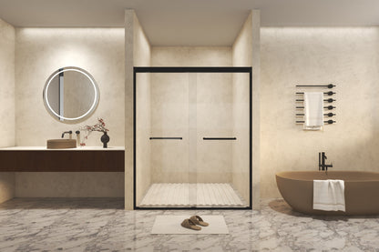 Modern Matte Black Aluminum Frame Double Sliding Shower Door, 50-54' W × 72' H, 6mm Tempered Glass with Explosion Proof Film, Stainless Steel Handle