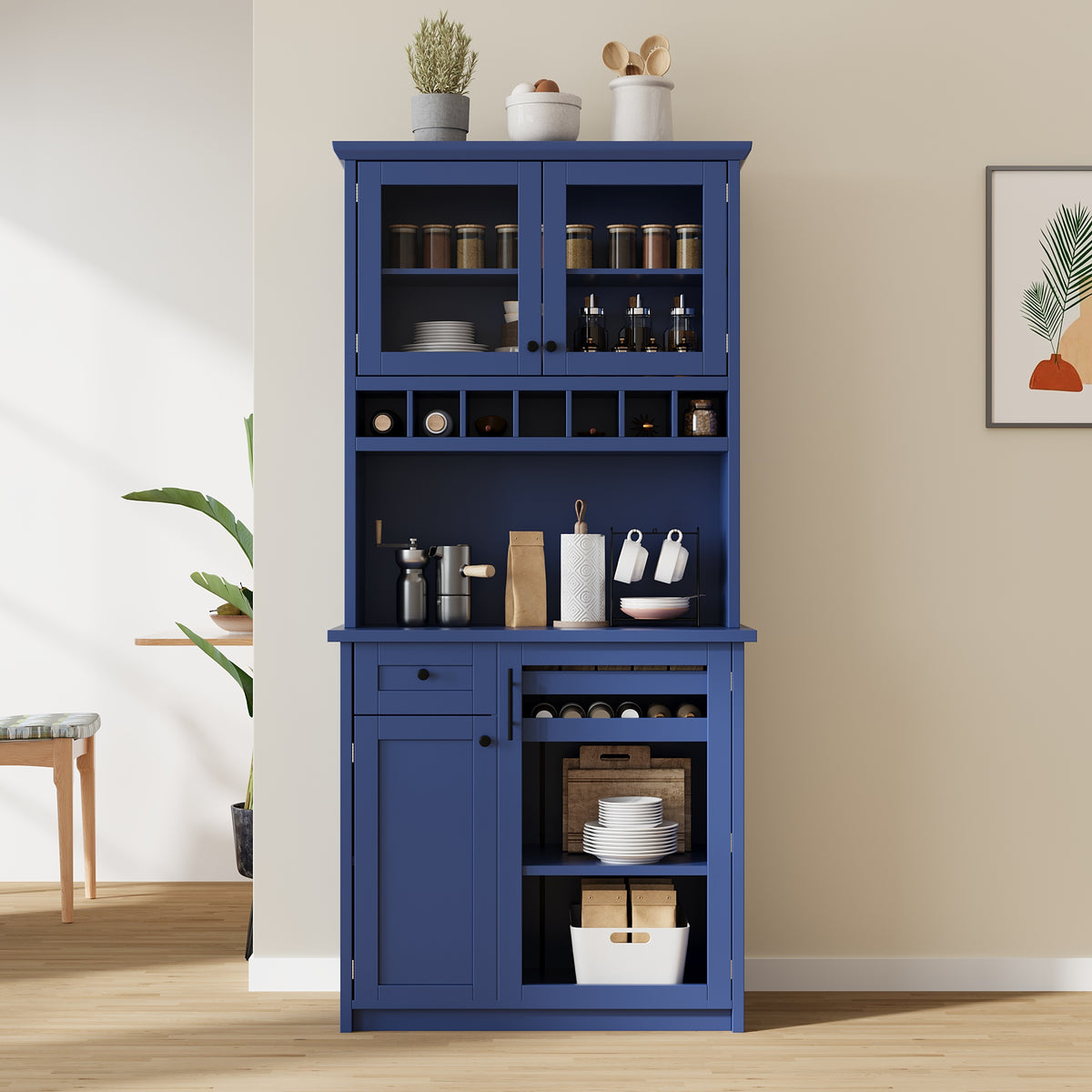[Assembly Video Provided] TOPMAX Farmhouse 35.4x17.7x74.8inch Freestanding Buffet with Hutch – Blue
