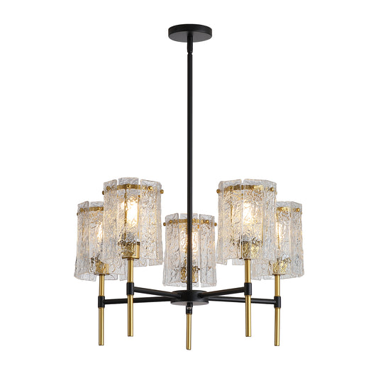 Modern Farmhouse 5-Light Black and Gold Chandelier, Textured Glass Pendant Light with Electroplated Gold Finish for Living Room Dining Room Not Including the Bulb