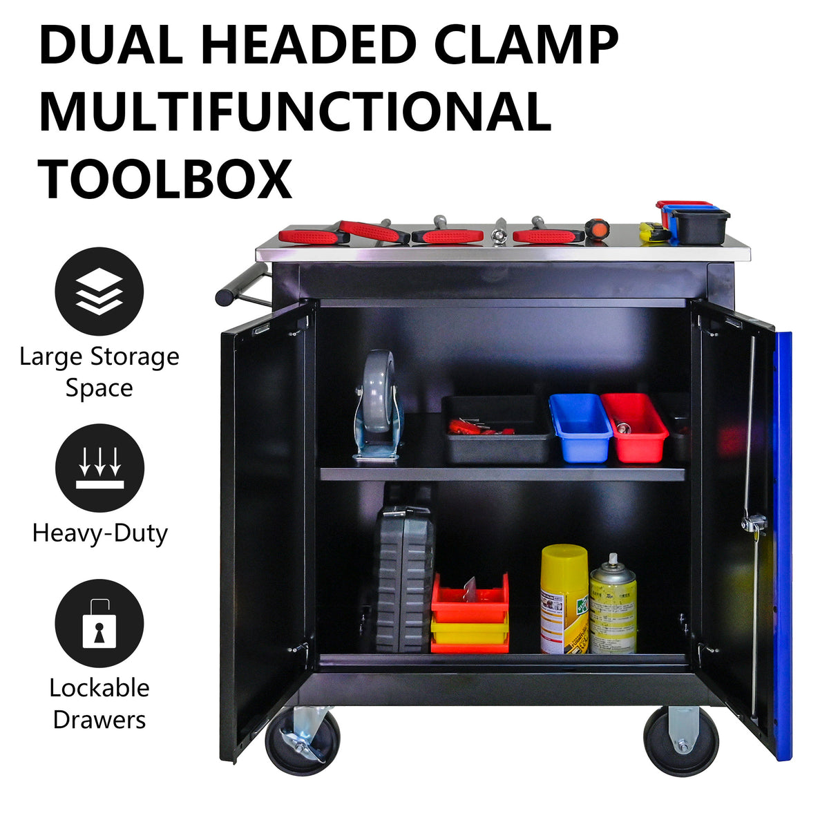 Movable Lockable Double Door Partition with Lock Multi-functional Hardware Storage Tool Car Auto Repair Locker--BLAK&BLUE