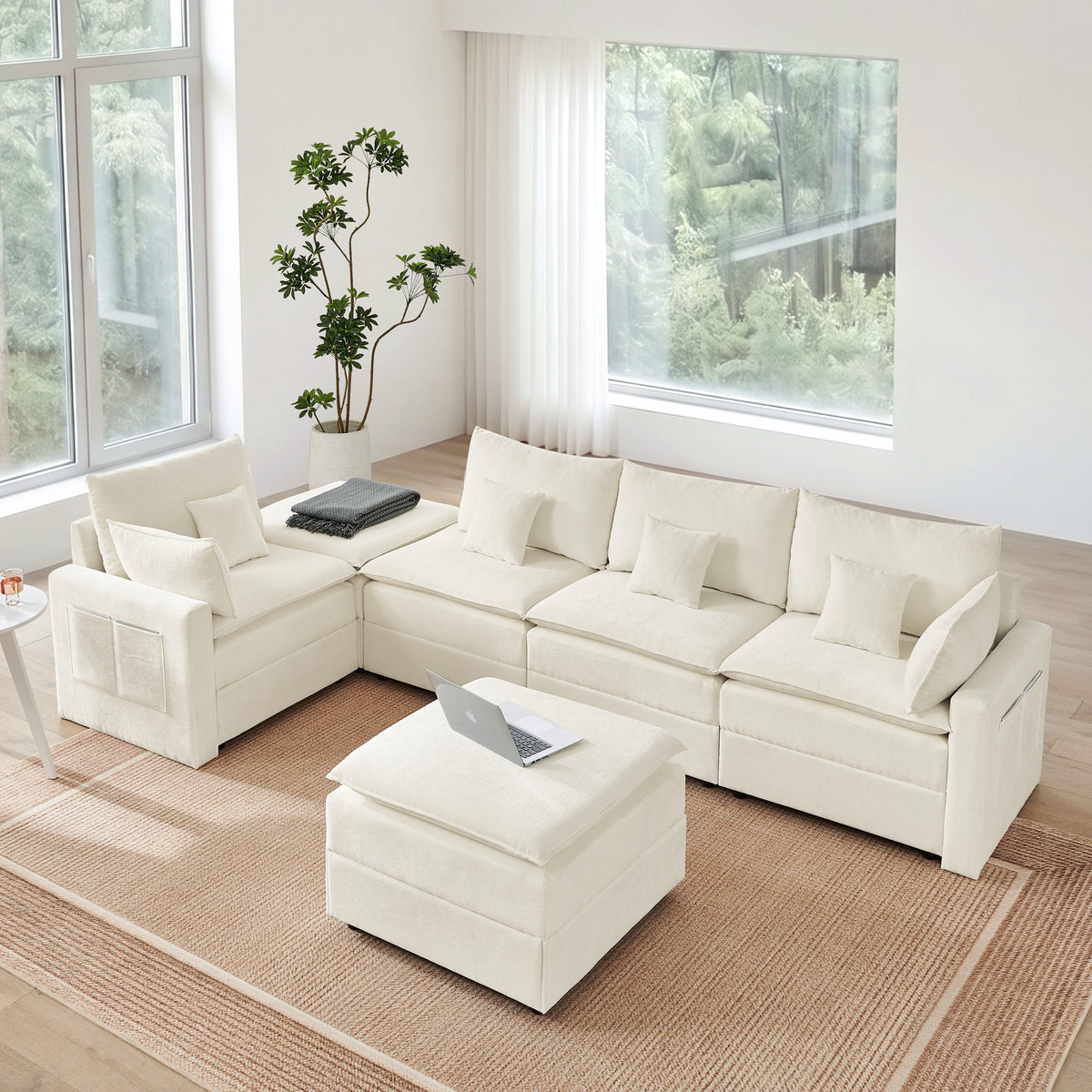 132" Cloud Modular Sectional Sofa, Deep Seat U Shaped Couch with Ottoman, Chenille Upholstered Sofa with Chaise, Plush Cushions, 6 Seat Modern Comfy Couch for Living Room & Apartment, Beige