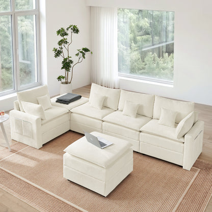132" Cloud Modular Sectional Sofa, Deep Seat U Shaped Couch with Ottoman, Chenille Upholstered Sofa with Chaise, Plush Cushions, 6 Seat Modern Comfy Couch for Living Room & Apartment, Beige