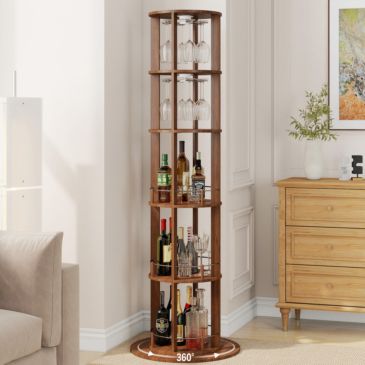 73" Tall Round Wine Rack, Freestanding Wine Bar Cabinet With 360° Rotating Design Wine Glass Rack, 360° Smooth Rotation & Stable Base, 3-Tier Storage Shelf, MDF & Metal, Walnut