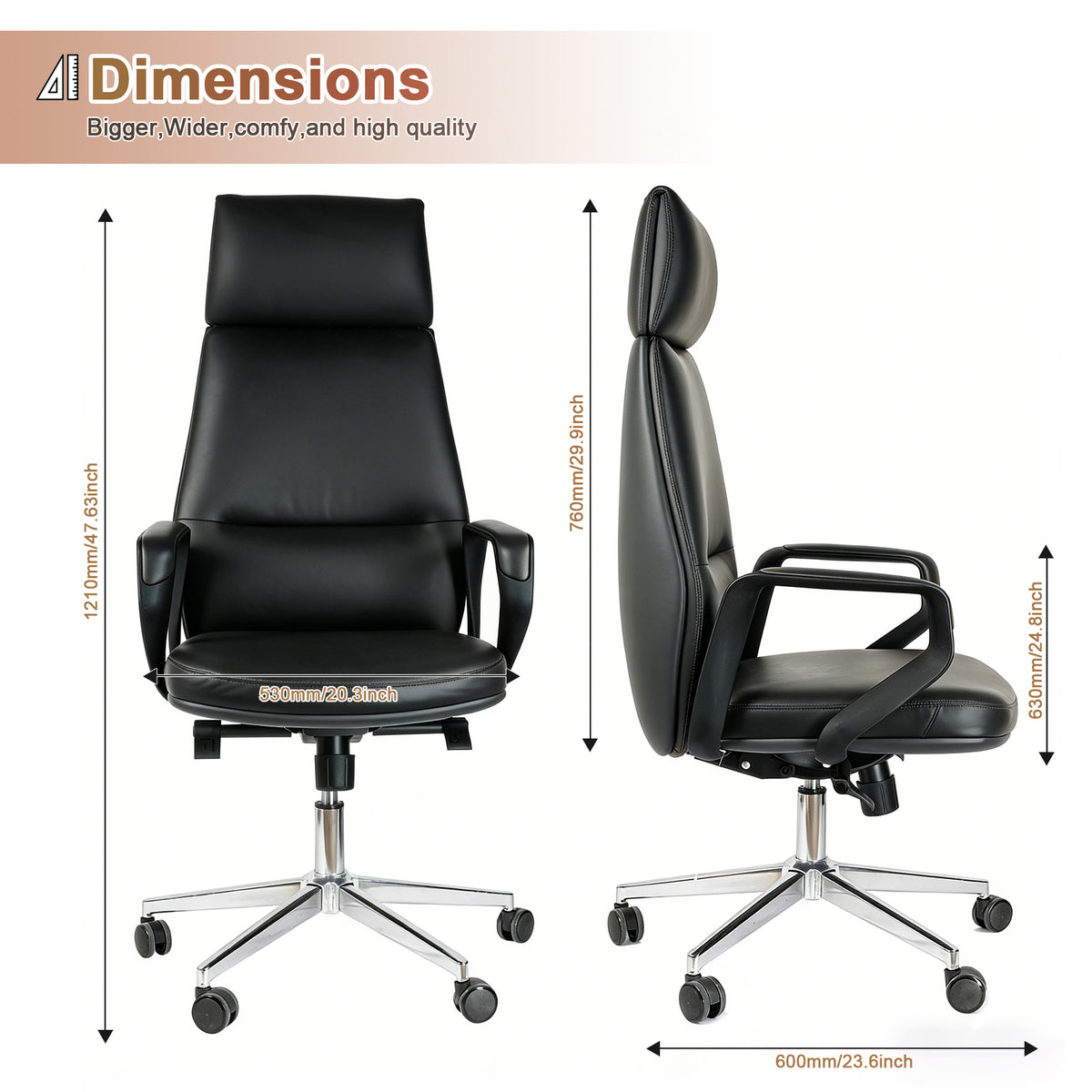 FurniBaron PU Leather High Back Office Chair with , ergonomic lumbar support 400lbs, sturdy metal base, 360° silent wheels, fit for home and office