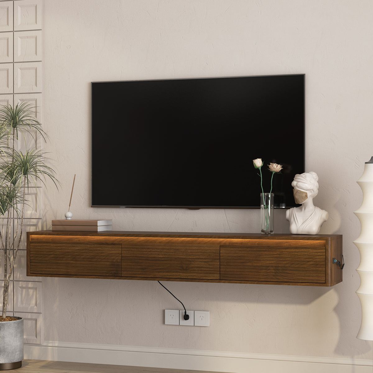 Floating TV Stand,Wall Mounted TV Shelf with Led Lights & Power Outlet,Fluted TV Cabinet for Wood tv Stands for Living Room