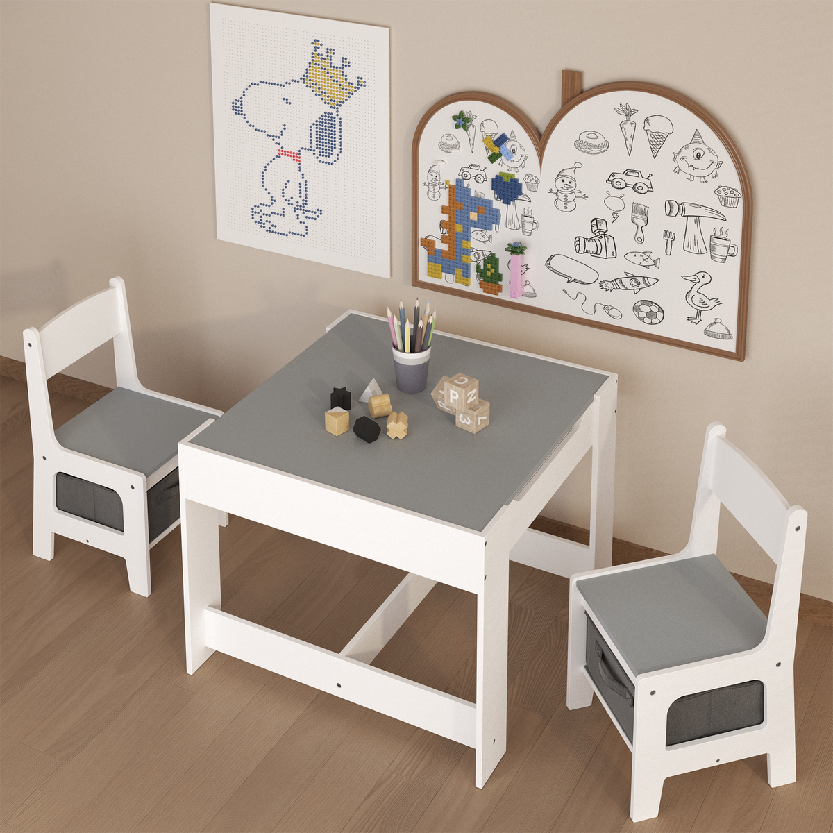 Kids Table and Chair Set, 3-in-1 Wooden Activity Table with Storage Drawer for Toddlers Drawing, Reading, Crafts, 2-in-1 Detachable Top in White+Gray MDF