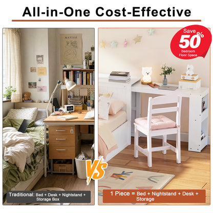 Twin Modern Platform Bed with Integrated Desk and Storage, Wood Bed Frame with wide Headboard, Footboard Drawers & Side Shelves, Multifunctional Space Saving Bedroom Furniture for Teen and Kids, White