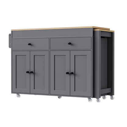 K&K 74.5 inch Kitchen Island with Extendable Dining Table, Rolling Kitchen Island on Wheels with Spice Rack and 2 Drawers, 4 Door Cabinet