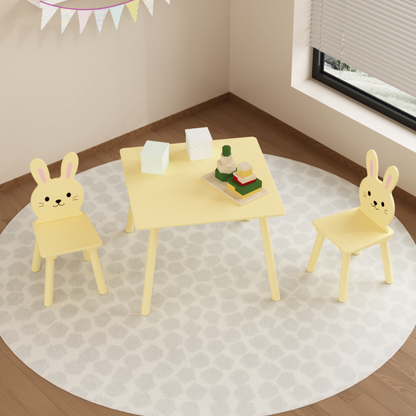 Kids Table and Chair Set with 2 Bunny Chairs, Children's Wooden Activity Table for Toddlers, Cute Animal Design Study Play Set