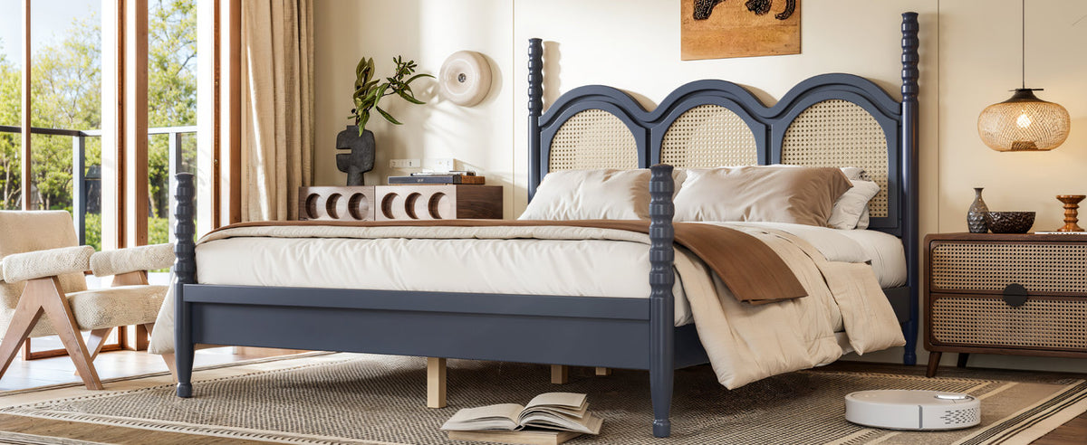 Queen Size Platform Bed with Arched Woven Headboard, Four Poster Stylish Wooden Bed Frame, Elegant Curved Headboard Bed Frame For Bedroom,Blue