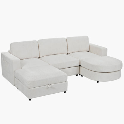 U-Style 102.4" U Shaped Sectional Sofa, Chenille Modular Couch with Curved Ottoman & Storage Ottoman, 3 Seater Sofa with Drop Down Console and 2 Cup Holders, Solid Pine Wood Frame for Living Room