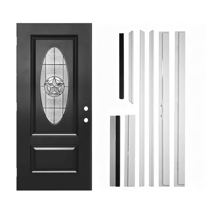 36"x80" Fiberglass Front Door with White 4-9/16" PVC Frame,Left-Hand Inswing Exterior Door with Brickmould,Brushed Smooth skin with Oval Decorated glass for Home Entrance, Black