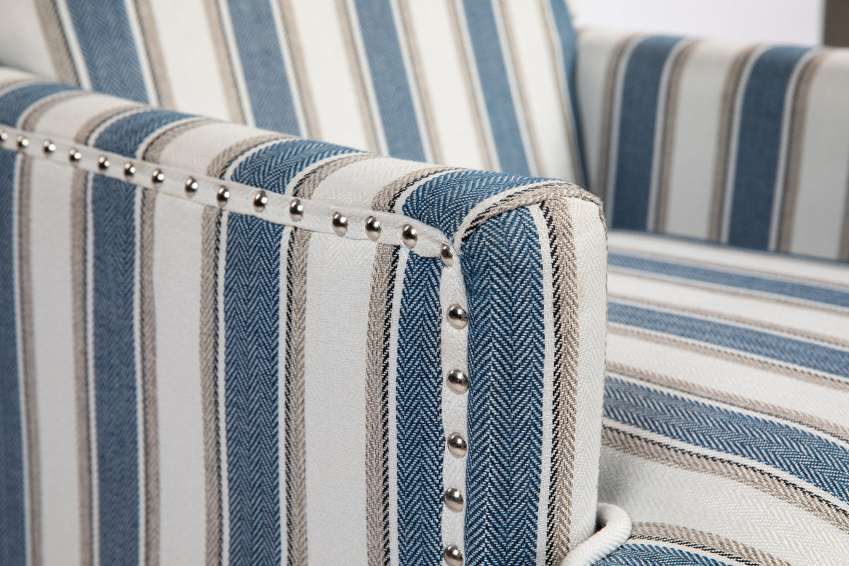Upholstered Accent Chair, Vintage Armchair with Solid Wood Legs, Blue and White Striped Linen Fabric and Nailhead Trim for Living Room