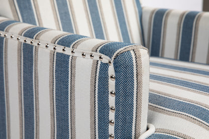 Upholstered Accent Chair, Vintage Armchair with Solid Wood Legs, Blue and White Striped Linen Fabric and Nailhead Trim for Living Room