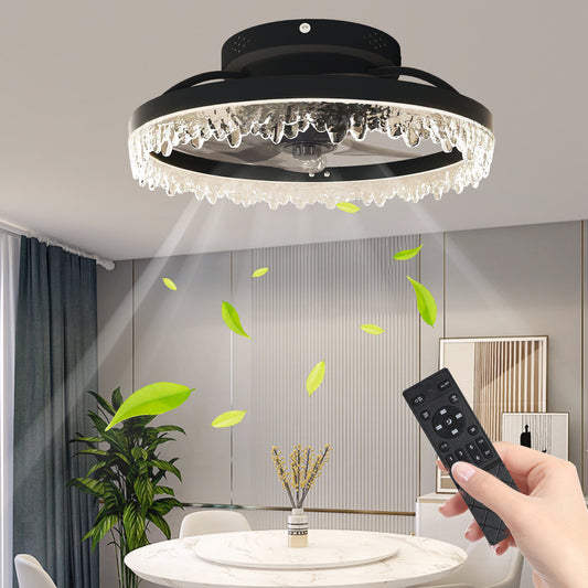 Smart Silent Elegant Black Ceiling Fan with Light - 16-inch Flush Mount LED Chandelier with 5 Invisible Blades, Remote Control & Timer