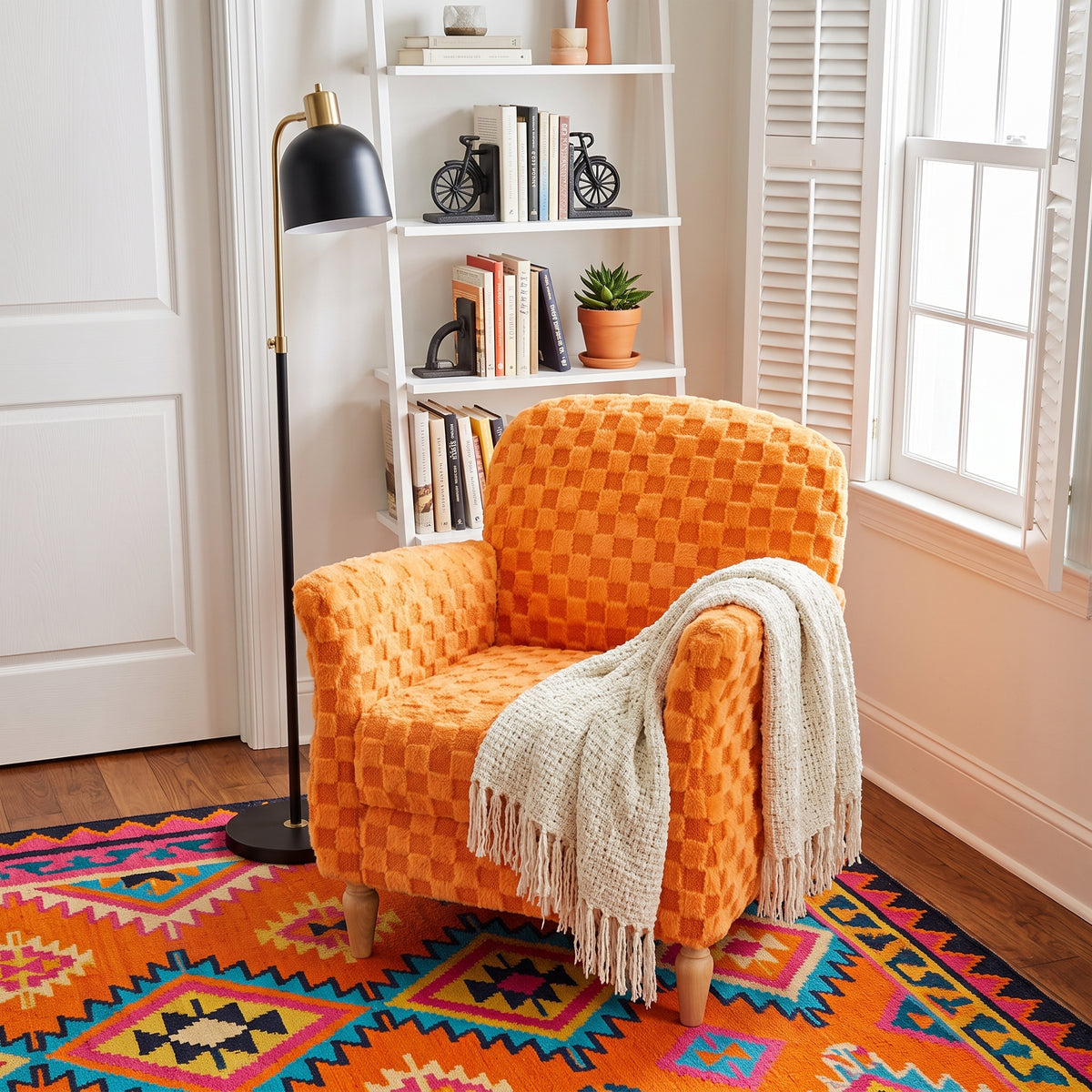 Checkered Corduroy Accent Armchair, Plush Checkerboard Upholstered Single Sofa Chair with Solid Wood Legs, Comfort Upholstered Side Chair, Available in Beige, Orange & Gray for Living Room and Bedroom