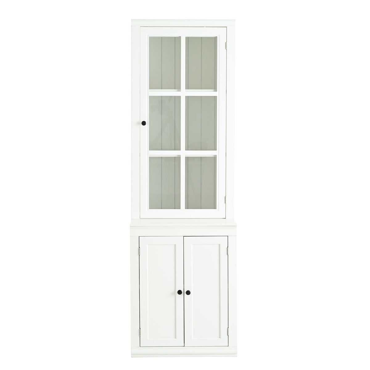 75.25'' Tall Freestanding Pantry Cabinet with Glass Door & Lattice Window, Farmhouse Display Cabinets with Storage, Hutch with Double-Action LH&RH Door, for Hallways, Livingroom Kitchen & Office,White