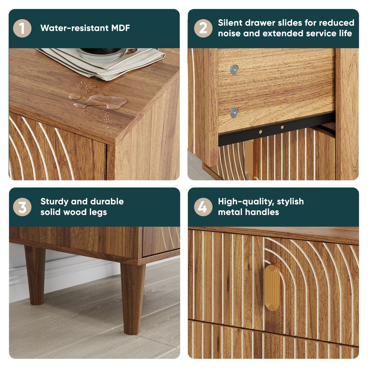 Medieval-style modern bedside table with double drawers for storage and solid wood legs; bedroom side table, bedside storage cabinet, compact bedside table, walnut color.