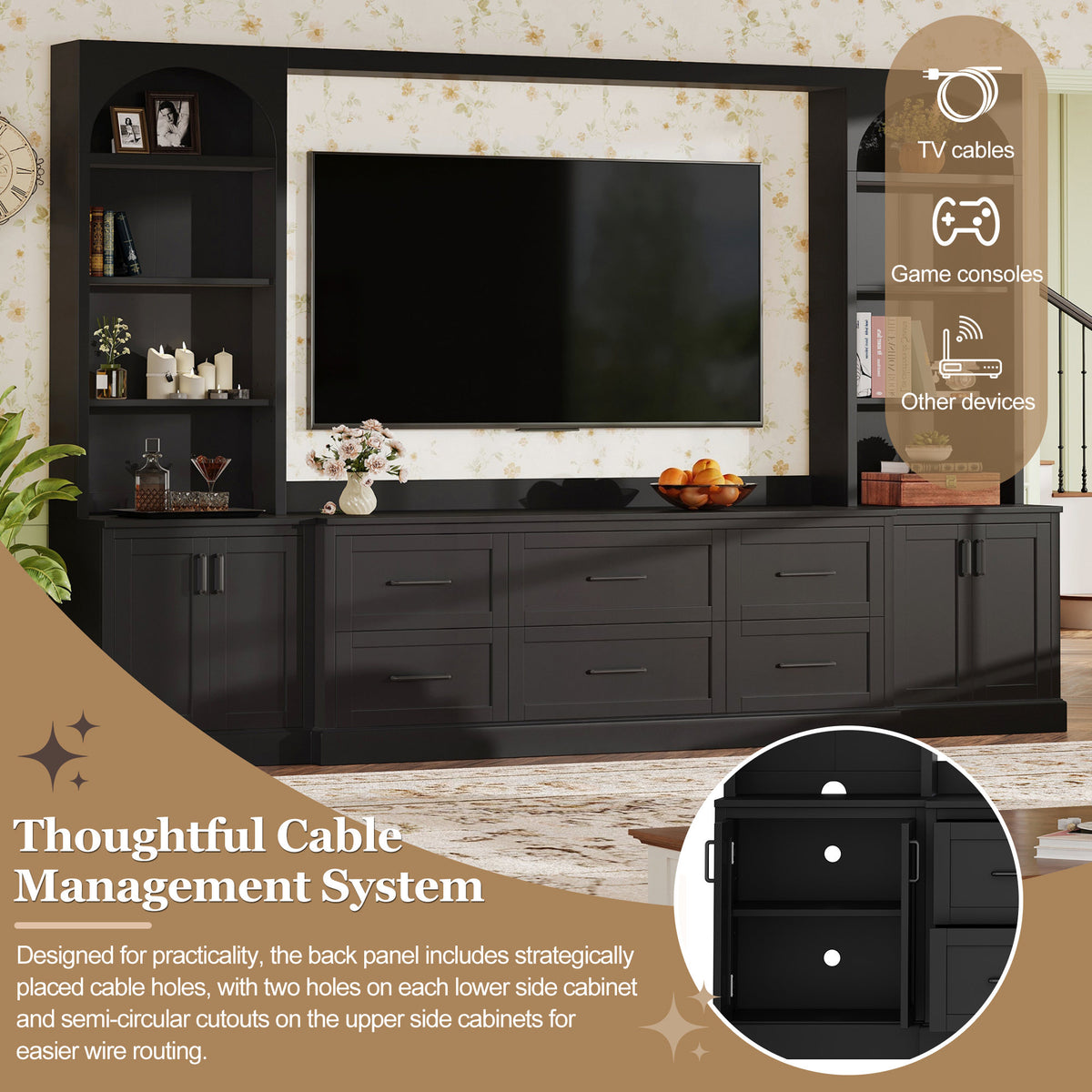 Modern Arched Entertainment Center Wall Unit with 6 Drawers, Farmhouse Large TV Stand with Bookshelves for TVs Up to 70', All-in-One Media Console with Adjustable Shelves for Living Room, Black
