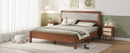 Queen Size, Solid Rubber Wooden Bed with Upholstered Headboard, Reinforced by Central Support Legs,Brown