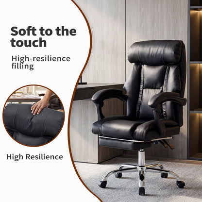 Executive Office Chair with Foot Rest, Adjustable Height High Back Reclining Gaming Chair in Black PU Leather with Metal & Wood Frame