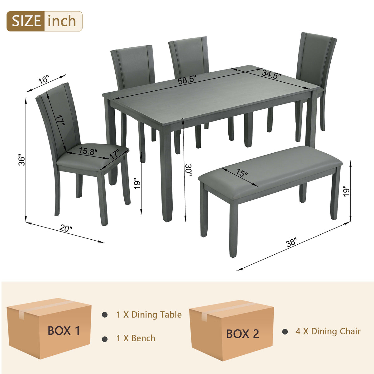 Modern 6-Piece Dining Table Set with Bench and Chairs for Dining Room or Kitchen – Grey