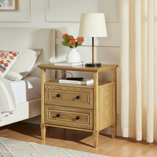Wooden Bedside Nightstand with Open Cubby & 2 Storage Drawers, Freestanding Bedroom Side Cabinet for Bedside & Living Room Use