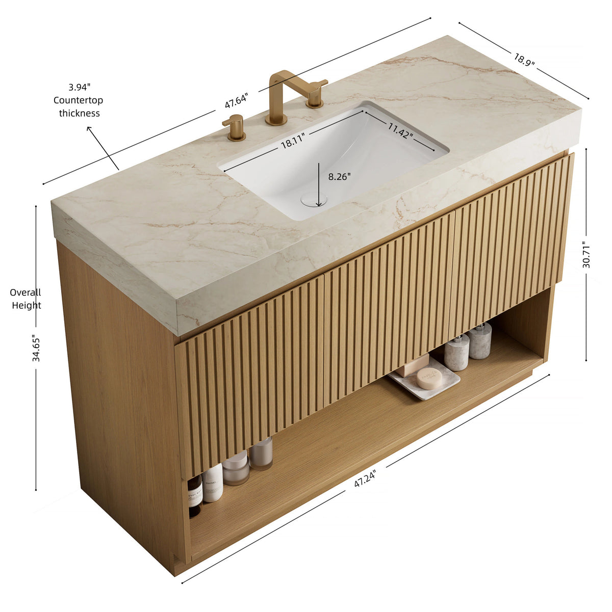 FINO 48" Bathroom Vanity&Sink,Freestanding Cabinet,Cream Gold Vein Sintered Stone Top&Ceramic Basin with 3 Pre-drilled Faucet Holes, Disassembled, Faucet & Drain Excluded, Corolla Oak Woodgrain Color
