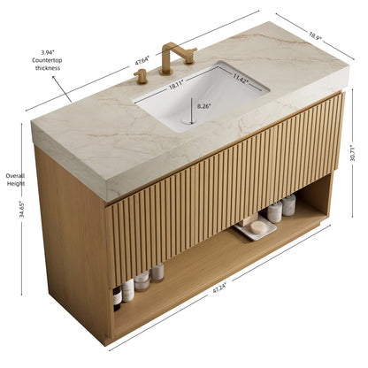 FINO 48" Bathroom Vanity&Sink,Freestanding Cabinet,Cream Gold Vein Sintered Stone Top&Ceramic Basin with 3 Pre-drilled Faucet Holes, Disassembled, Faucet & Drain Excluded, Corolla Oak Woodgrain Color