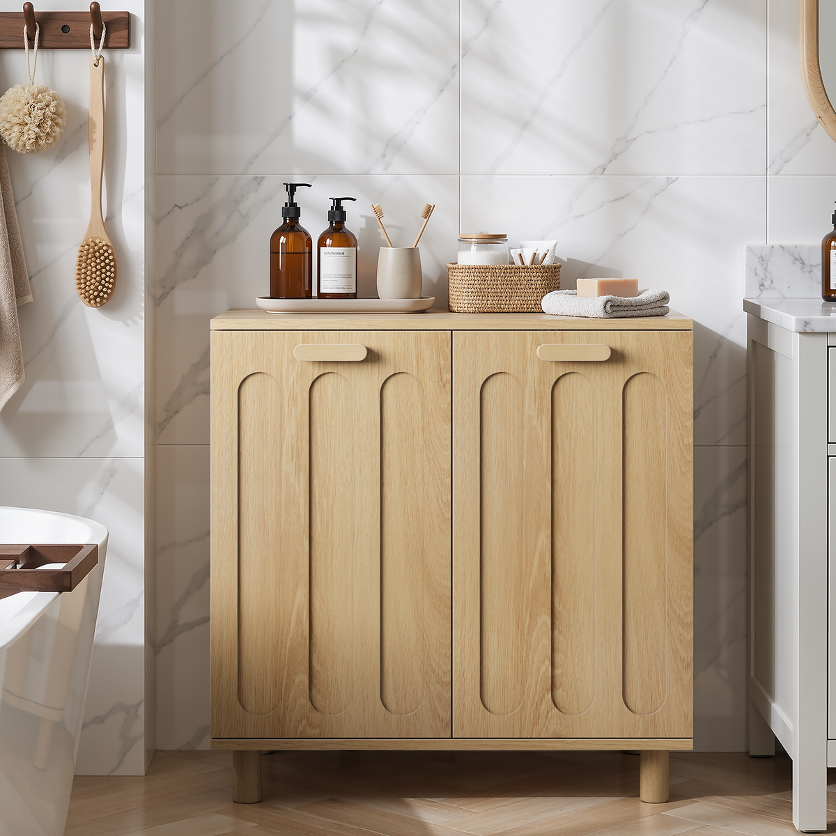 Tilt-out laundry cabinet with removable basket, concealed laundry storage, bathroom laundry storage unit, freestanding home storage rack, oak finish