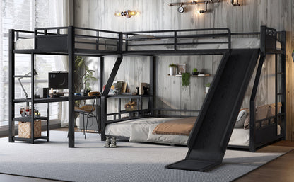 L-Shaped Metal Bunk Bed (Top bed: twin xl, bottom bed: queen) with Single Loft Bed, Desk, and Storage Shelves, USB Charging Port Included - Metal Triple Bunk Bed with Slide,B