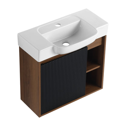 24'' Wall-Mounted Bathroom Vanity with White Ceramic Sink & Soft-Close Door, KD-Packing