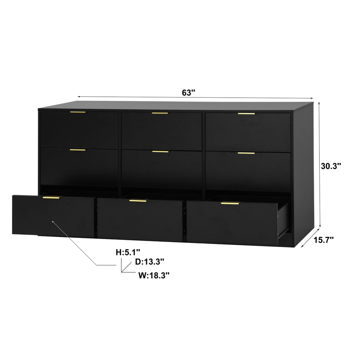 Black 9 Drawer Dresser, 63" Large Deep Chest of Drawers, Wooden Dresser Storage Cabinet with 9 Drawers, Long Dressers