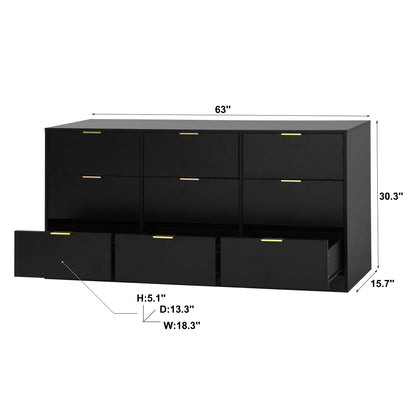 Black 9 Drawer Dresser, 63" Large Deep Chest of Drawers, Wooden Dresser Storage Cabinet with 9 Drawers, Long Dressers