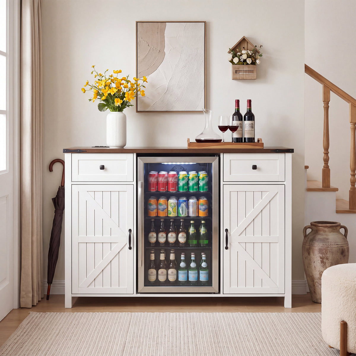 Farmhouse Coffee Bar with Mini Fridge Space & Built-in Charging Station,Large Bar Cabinet with Drawers & Adjustable Shelves for Kitchen, Dining Room, or Living Room, White