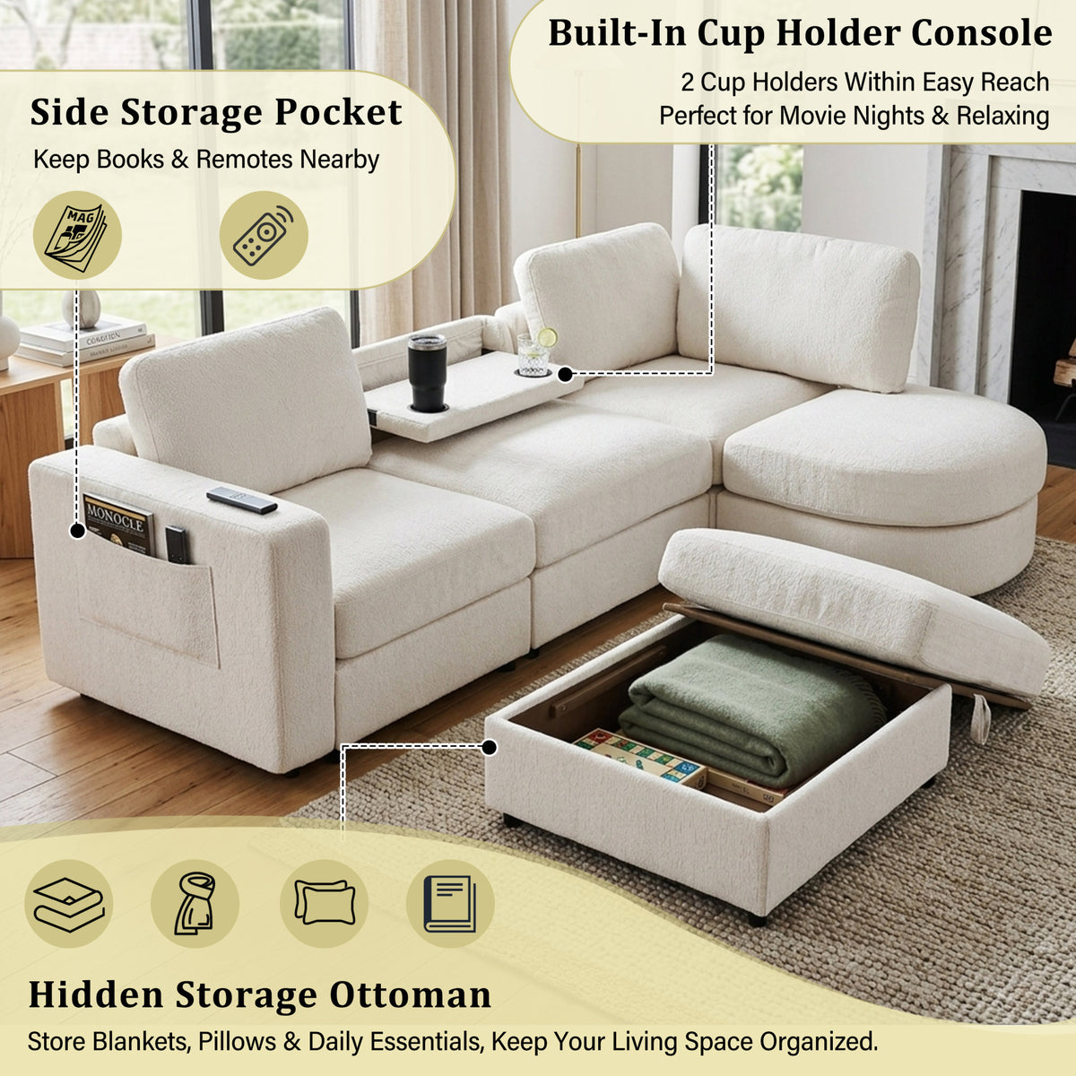 U-Style 102.4" U Shaped Sectional Sofa, Chenille Modular Couch with Curved Ottoman & Storage Ottoman, 3 Seater Sofa with Drop Down Console and 2 Cup Holders, Solid Pine Wood Frame for Living Room