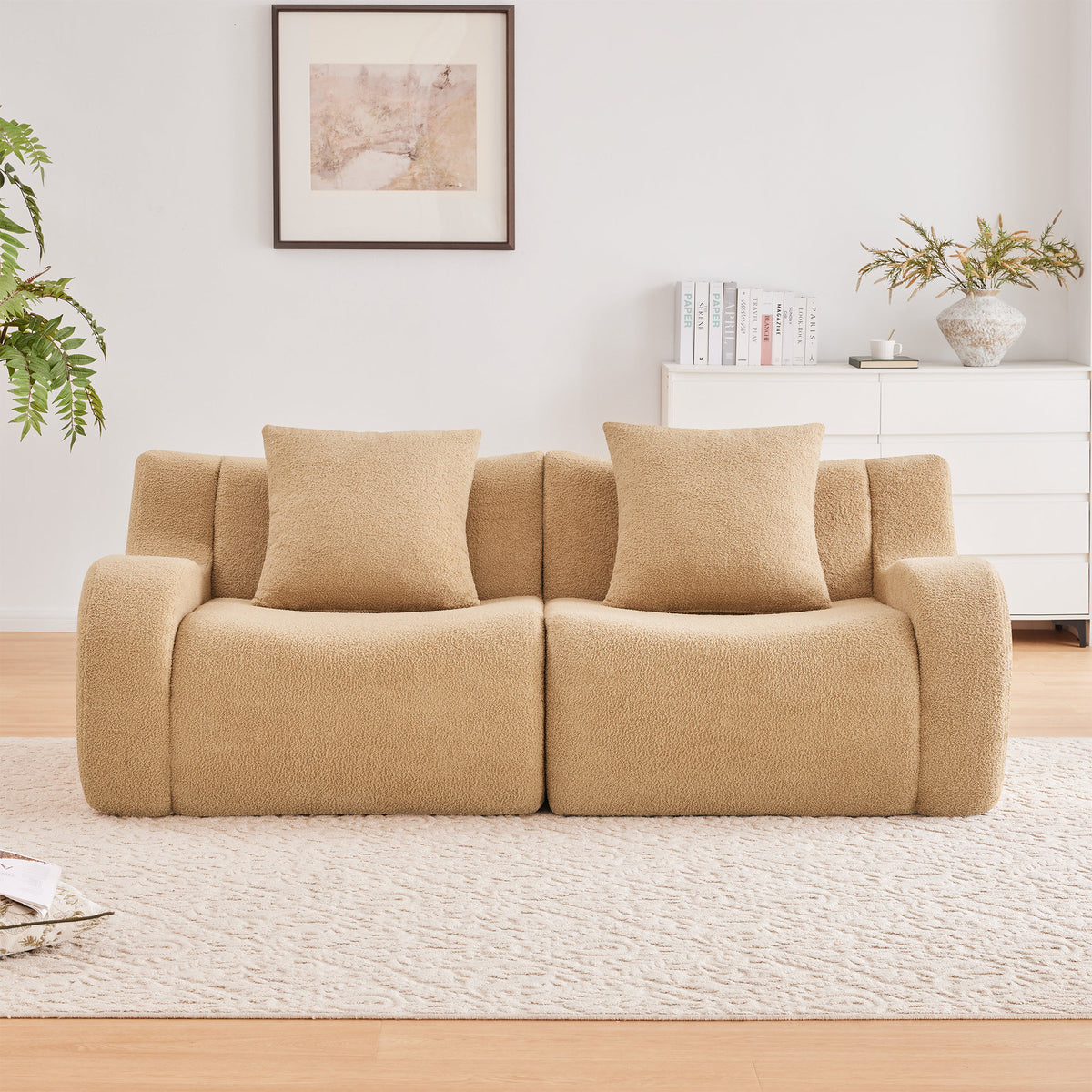 Soft Teddy Fabric Boneless Sofa, No Assembly Required Streamlined Design