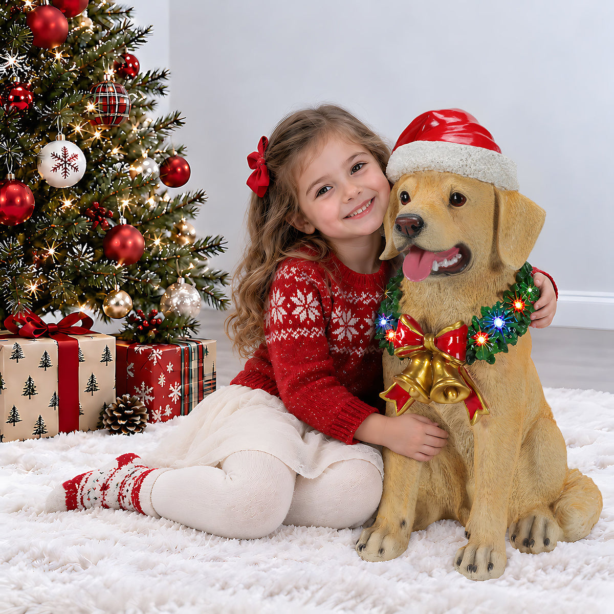 Lighted Christmas Labrador Retriever Dog Statue, Santa Hat Puppy Figurine with LED Wreath and Bells