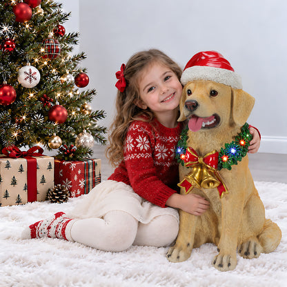 Lighted Christmas Labrador Retriever Dog Statue, Santa Hat Puppy Figurine with LED Wreath and Bells