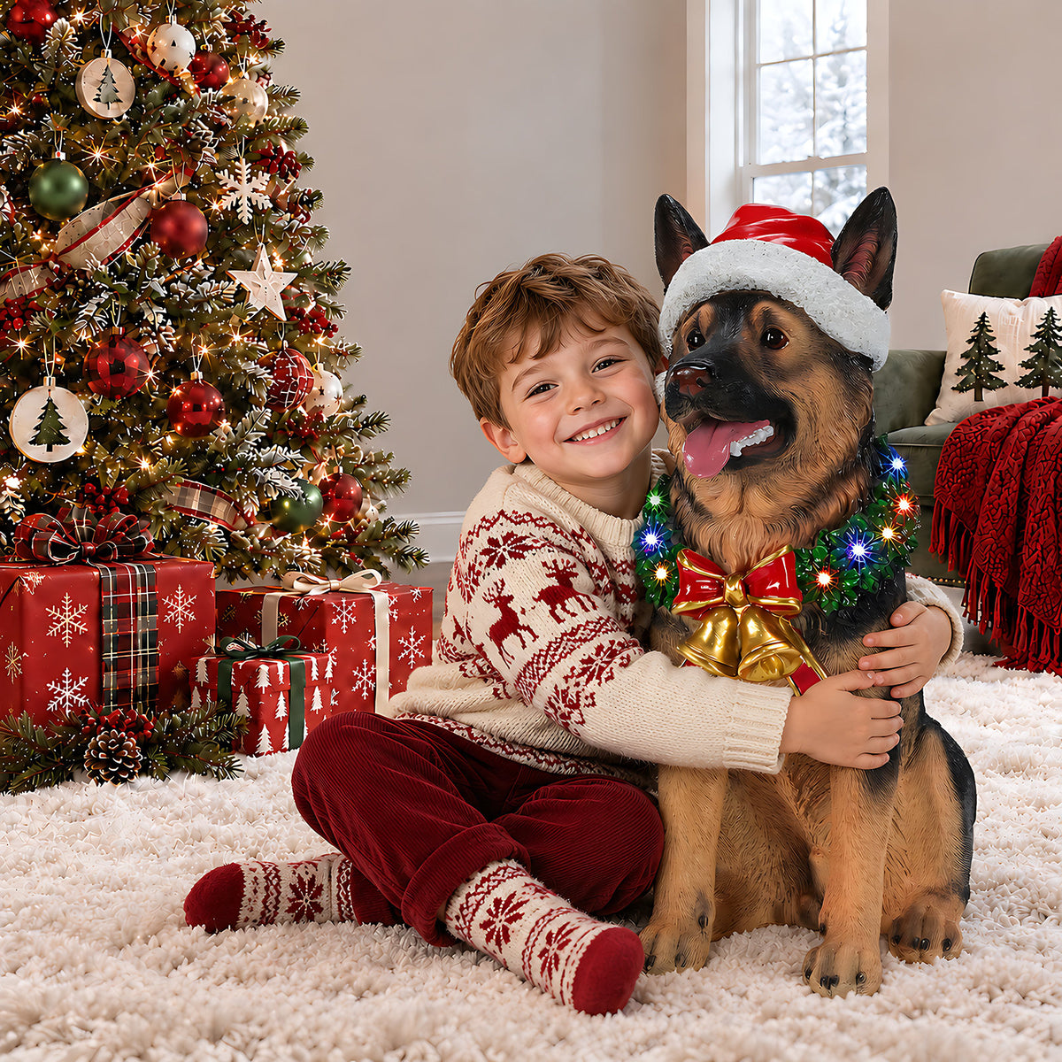 Lighted Christmas German Shepherd Dog Statue, Santa Hat Puppy Figurine with LED Wreath and Bells