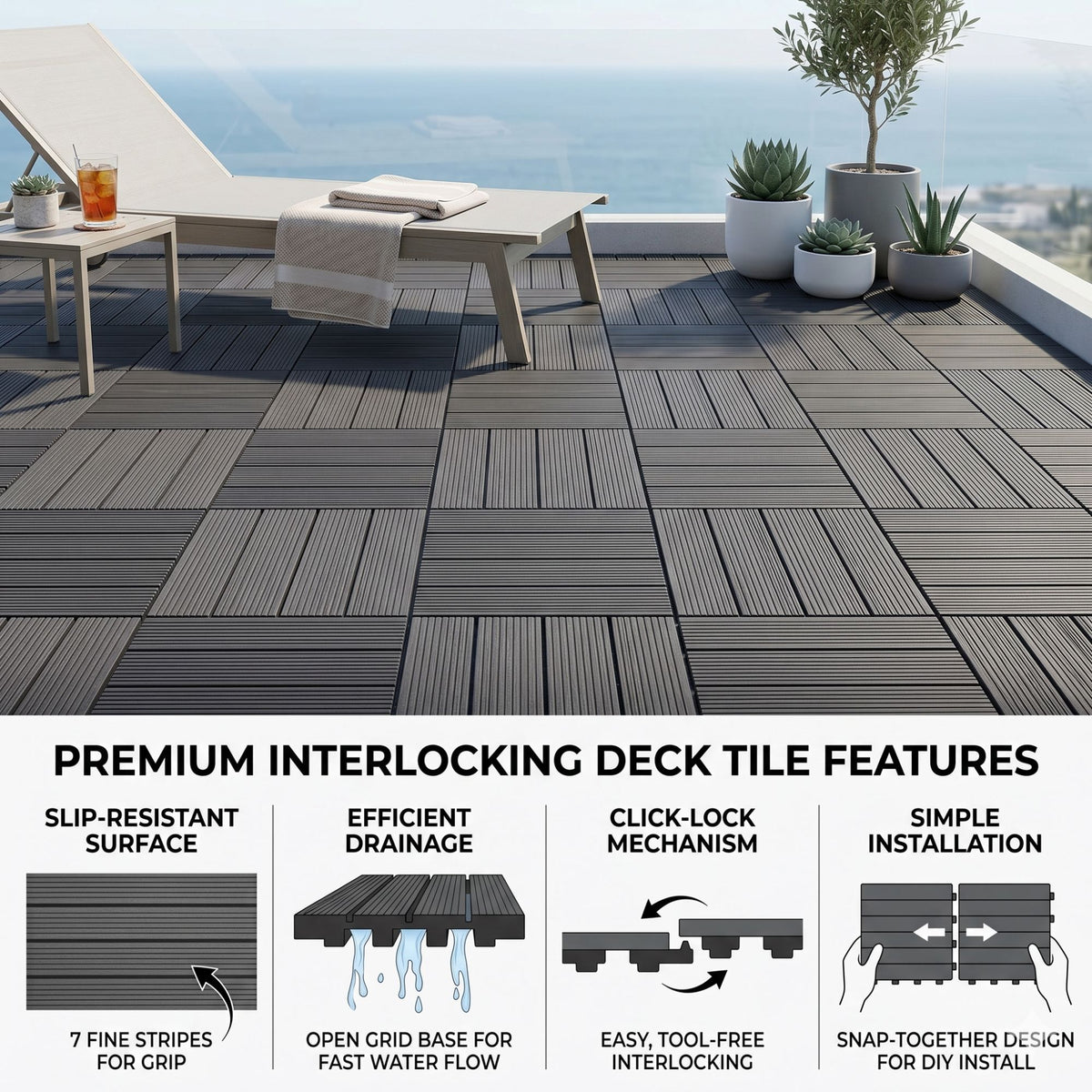 Plastic Interlocking Deck Tiles, 44 Pack 12"x12" Waterproof Non-Slip Outdoor Patio Flooring, All Weather Drainable Snap Together Decking Tiles for Poolside, Porch, Garden, Backyard & Shed Floor,Grey