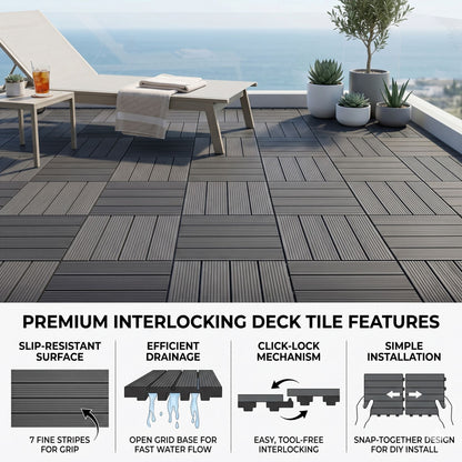 Plastic Interlocking Deck Tiles, 44 Pack 12"x12" Waterproof Non-Slip Outdoor Patio Flooring, All Weather Drainable Snap Together Decking Tiles for Poolside, Porch, Garden, Backyard & Shed Floor,Grey